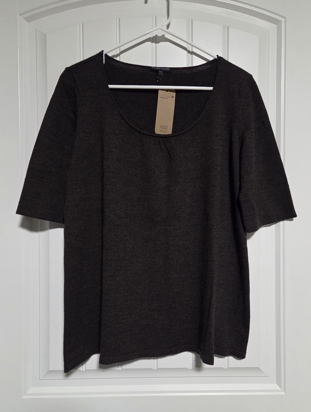 Eileen Fisher Wool Scoop Neck Short Sleeve Top in Dark Brown